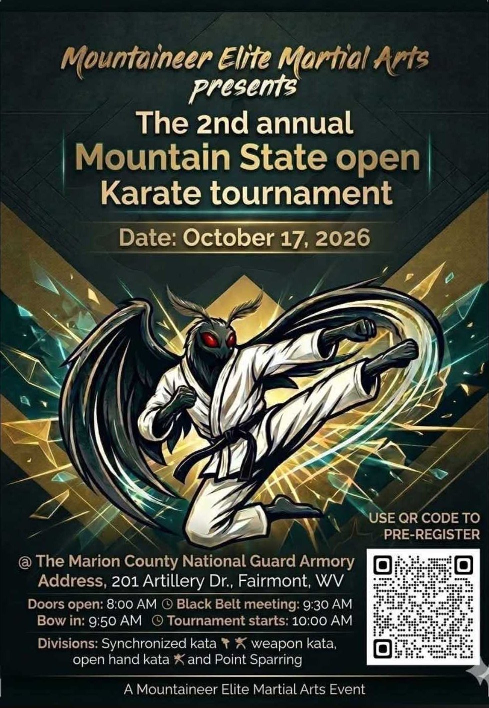 Poster for the 2nd Annual Mountain State Open Karate Tournament, October 17, 2026 at the Marion County National Guard Armory in Fairmont, West Virginia